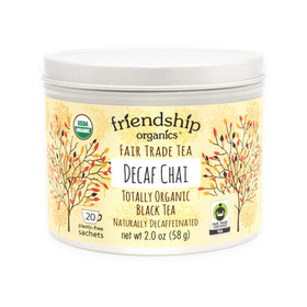 Friendship Organics decaf chai tea bags pack showing organic and fair trade branding