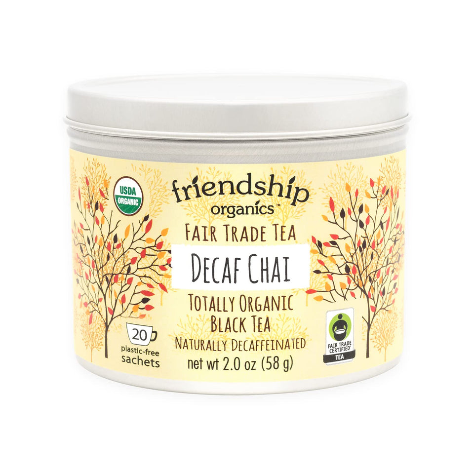 Friendship Organics decaf chai tea bags pack showing organic and fair trade branding