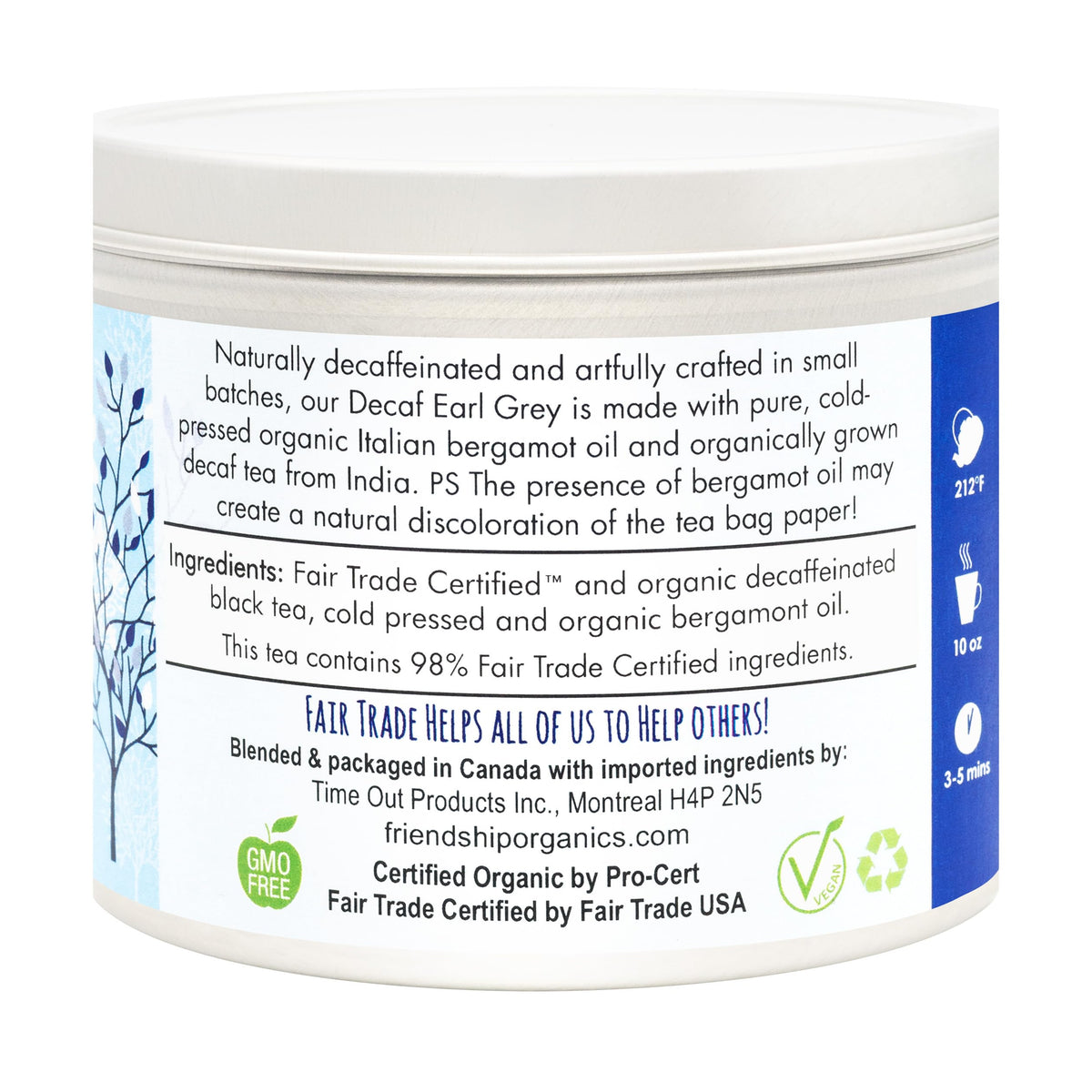 Friendship Organics decaf Earl Grey tea bag steeping in hot water aroma.