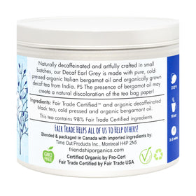 Friendship Organics decaf Earl Grey tea bag steeping in hot water aroma.