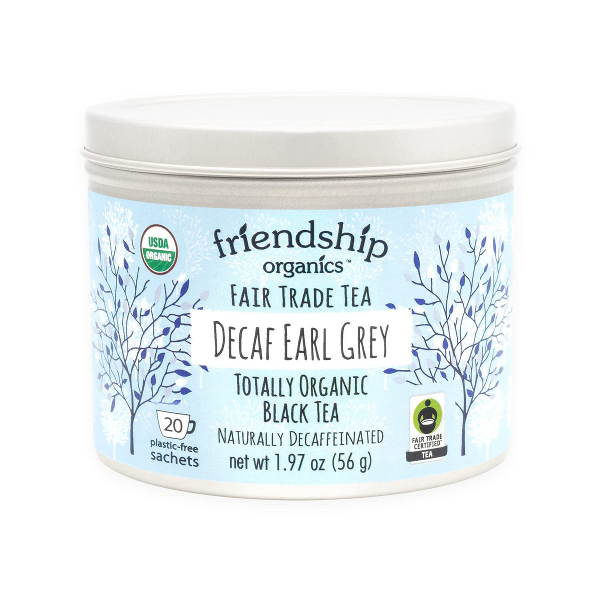 Friendship Organics decaf Earl Grey tin packaging, eco-friendly and reusable for gifting.