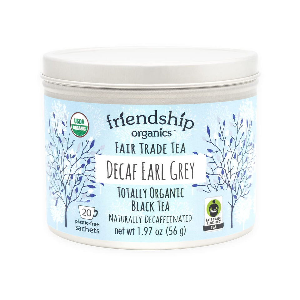 Friendship Organics decaf Earl Grey tin packaging, eco-friendly and reusable for gifting.