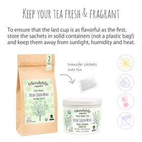 Friendship Organics decaf green mint tea bags brewed cup, suggesting a refreshing mint note.