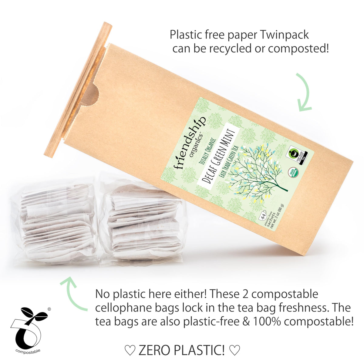 Friendship Organics decaf green mint tea bags ingredients display organic and Fair Trade quality.