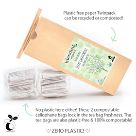 Friendship Organics decaf green mint tea bags ingredients display organic and Fair Trade quality.