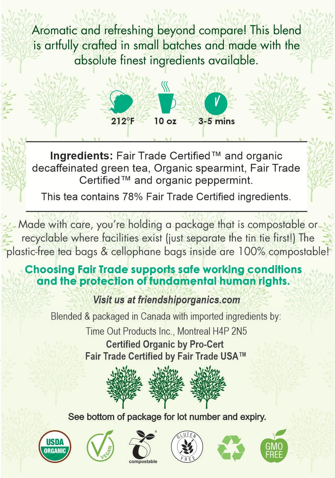 Friendship Organics decaf green mint tea bags packaging, showing plastic-free design.
