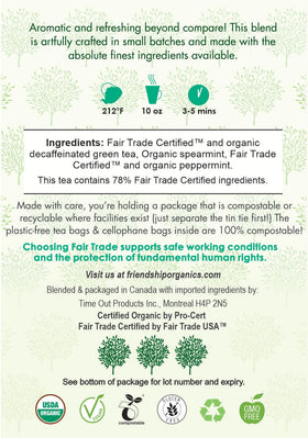 Friendship Organics decaf green mint tea bags packaging, showing plastic-free design.