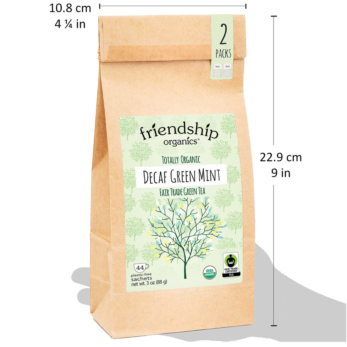 Friendship Organics decaf green mint tea bags sustainability focus on eco-friendly packaging.