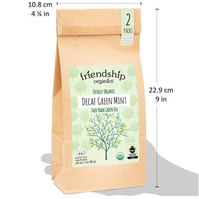 Friendship Organics decaf green mint tea bags sustainability focus on eco-friendly packaging.