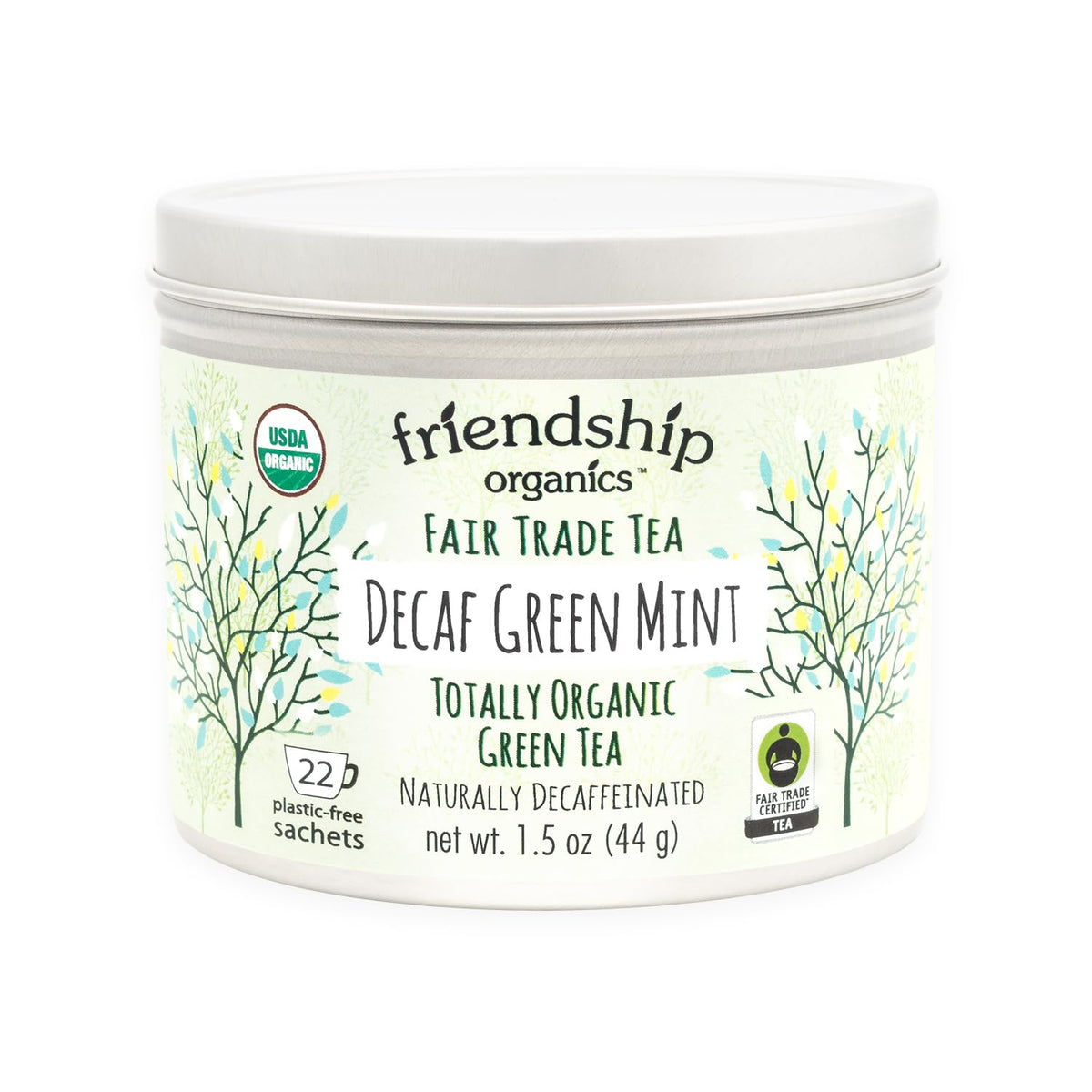Friendship Organics decaf green mint tea bags for a caffeine-free refresh.