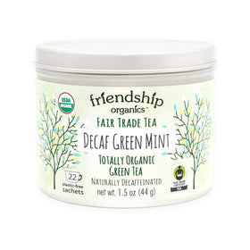 Friendship Organics decaf green mint tea bags for a caffeine-free refresh.