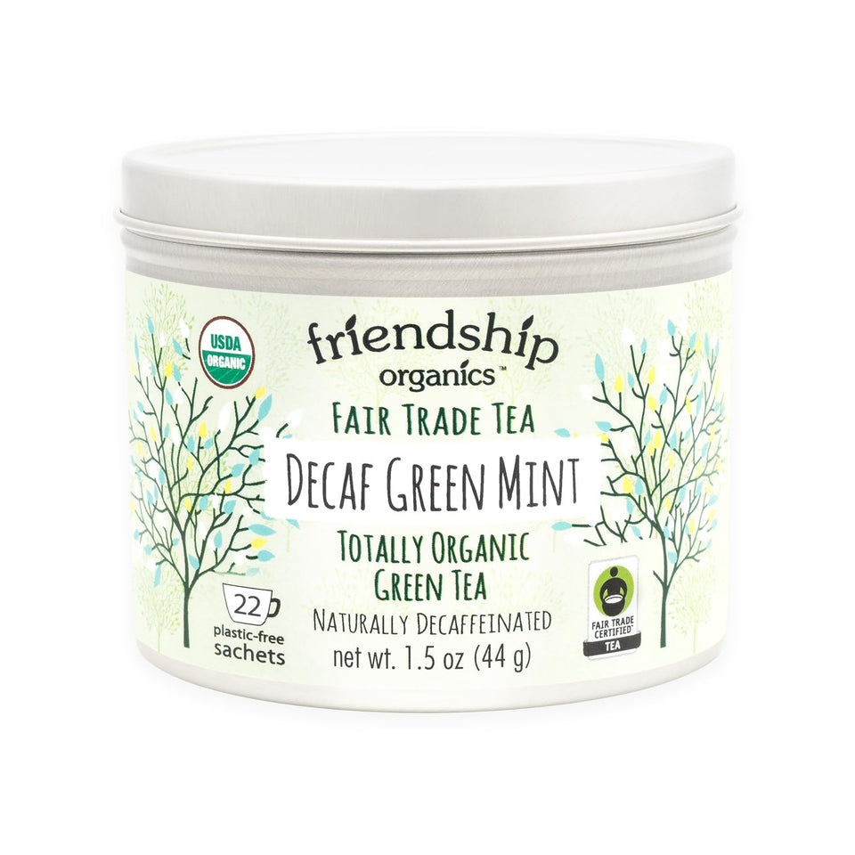 Friendship Organics decaf green mint tea bags for a caffeine-free refresh.