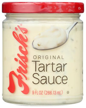Frisch's Big Boy Original Tartar Sauce label close-up highlights seafood pairing possibilities.