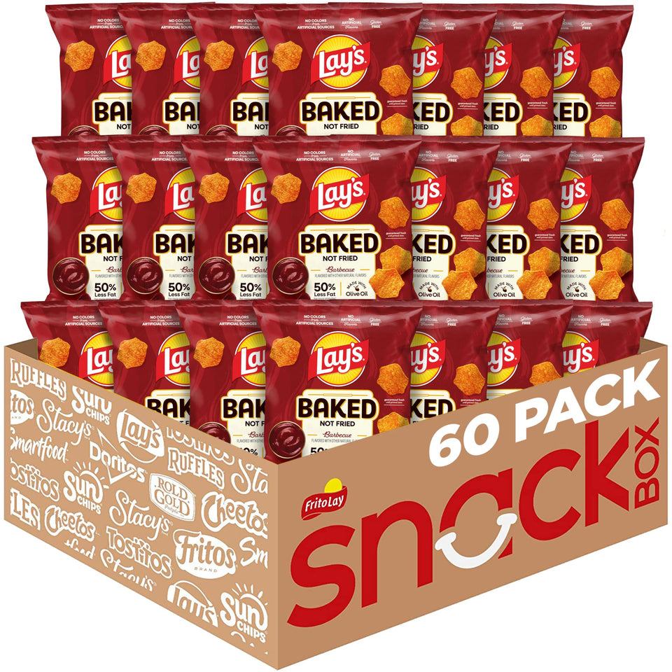 Frito Lay Baked Lay's Barbecue 60-pack box front, convenient snack option.