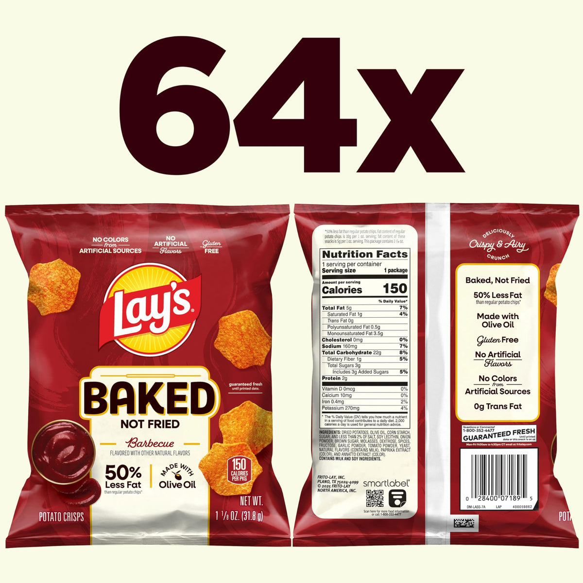 Boxed display with 64 bags highlights bulk snacking for gatherings.