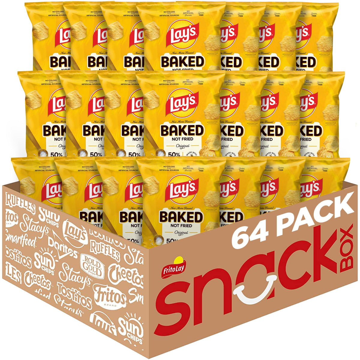 Frito-Lay Baked Lay's Original 64-pack display delivering crisp, lighter snacking with 50% less fat