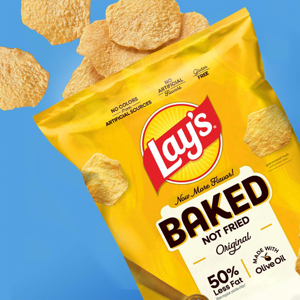 Gluten-free claim visible on packaging beside serving-ready Baked Lay's Original.
