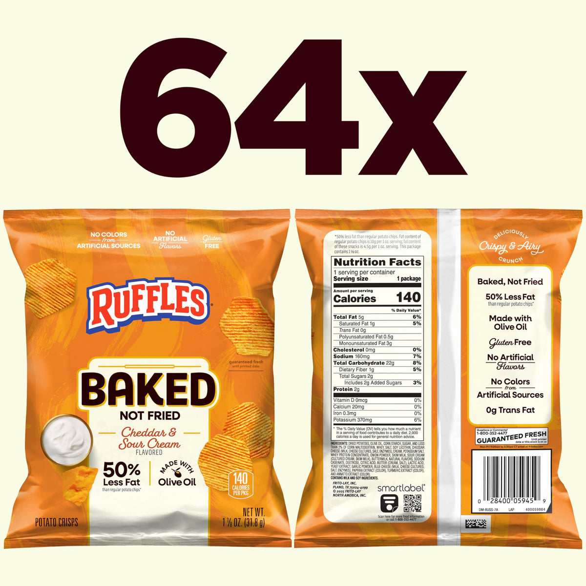 Frito-Lay Baked Ruffles Cheddar & Sour Cream with olive oil emphasize oven-crafted texture and savory aroma.