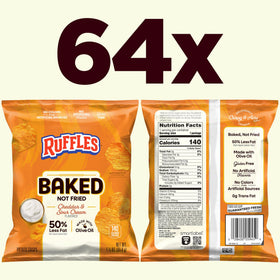 Frito-Lay Baked Ruffles Cheddar & Sour Cream with olive oil emphasize oven-crafted texture and savory aroma.