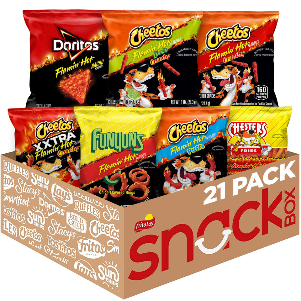 Frito-Lay Flamin’ Hot Mix displays a colorful snack assortment for parties and lunchboxes.