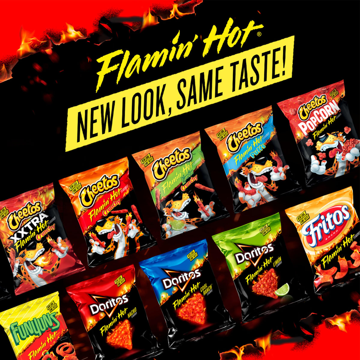 Doritos Flamin' Hot Nacho chips in the pack, fiery crunch