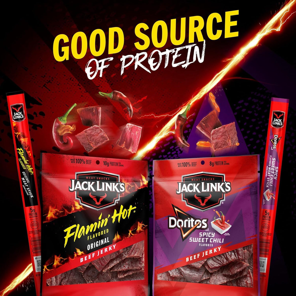 Frito Lay Jack Link's Doritos mashup pack shot highlights sweet tangy BBQ flavor for snacking.
