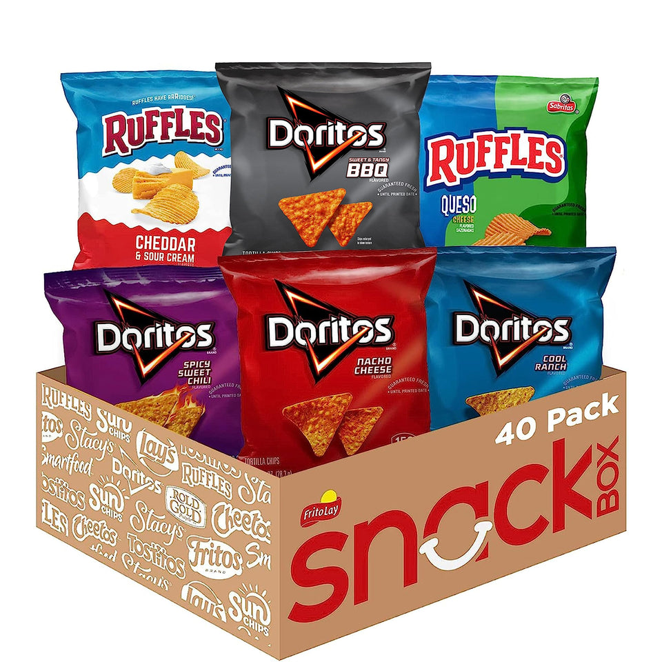 Frito-Lay Ruffles and Doritos Bold Variety Pack front view for quick snacking.