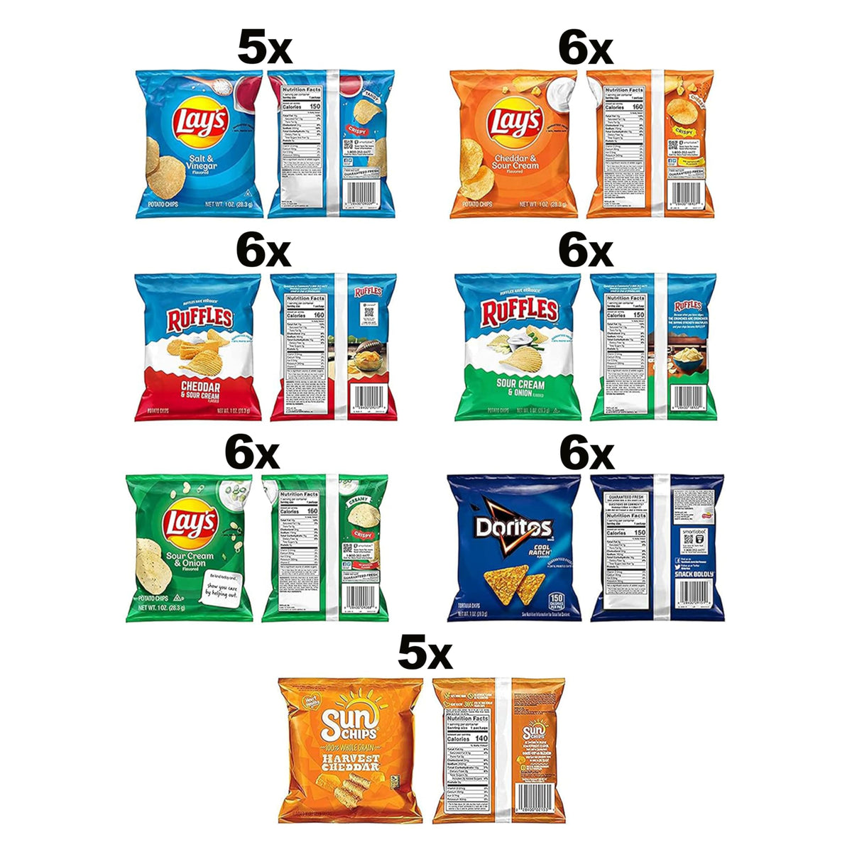 Frito Lay 40-pack of individually wrapped snacks for lunch boxes and travel.