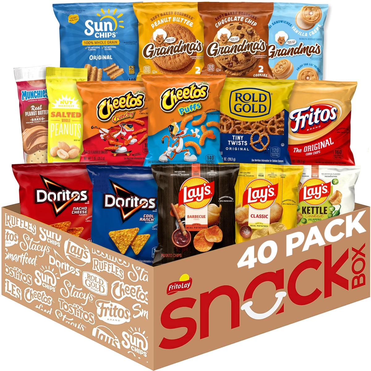 Frito-Lay Ultimate Classics pack in front view showing 40 single-serve snacks for convenient snacking.