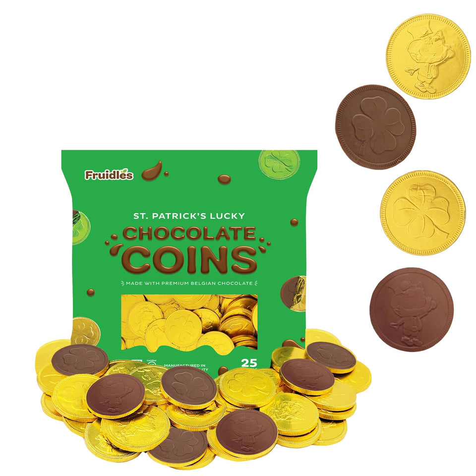 Fruidles St. Patrick's coins in gold foil for festive party decor.