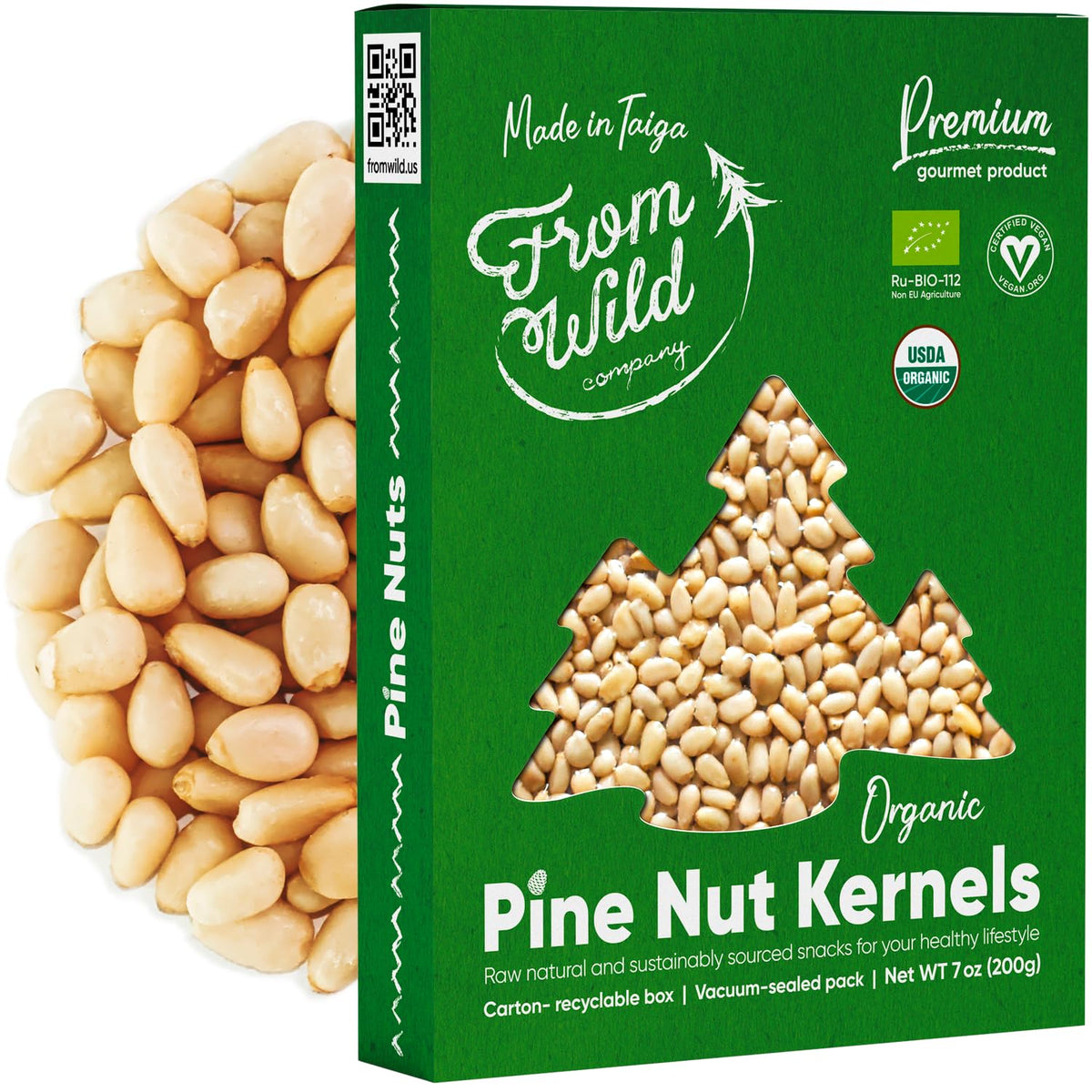 FROM WILD fresh organic pine nuts 7oz packaging highlights purity for pesto and salads.