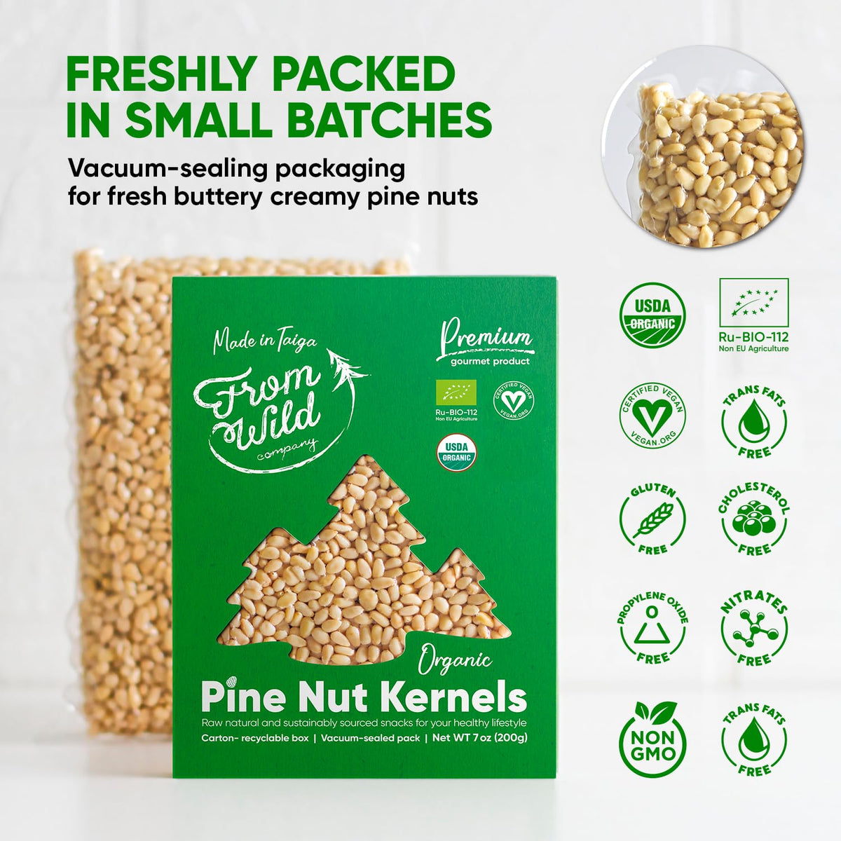 FROM WILD Raw vegan nuts display clean, allergen-friendly ingredients for snacking.