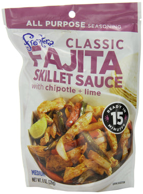 Frontera pouch fajita skillet 8-ounce pack of 6; front view showing ready-to-use flavor.