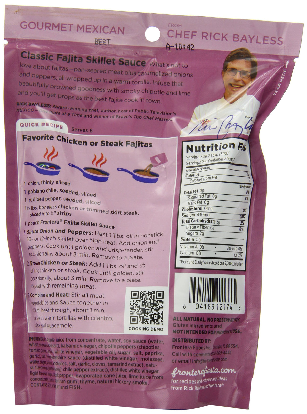 Frontera pouch fajita skillet 8-ounce pack of 6; ready-to-cook, convenient meal option.