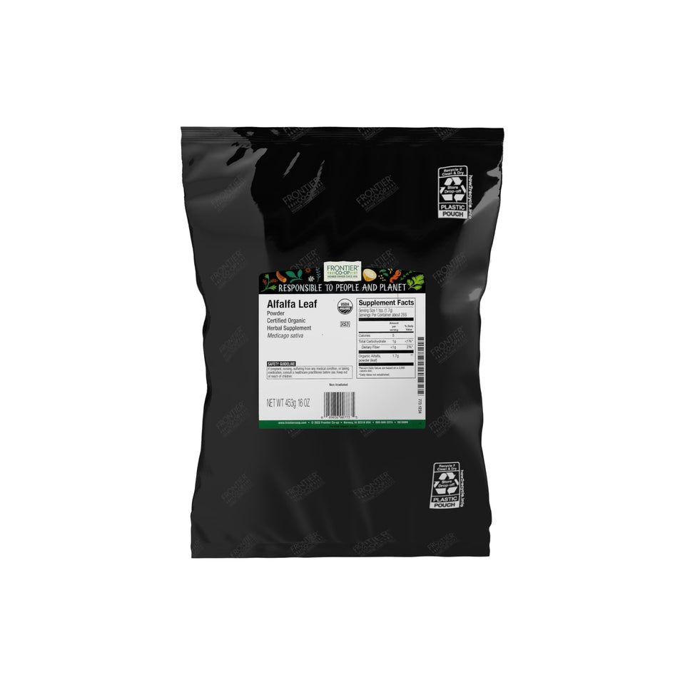 Frontier Co-op Organic Alfalfa Leaf Powder bulk bag ready for everyday smoothies and recipes.