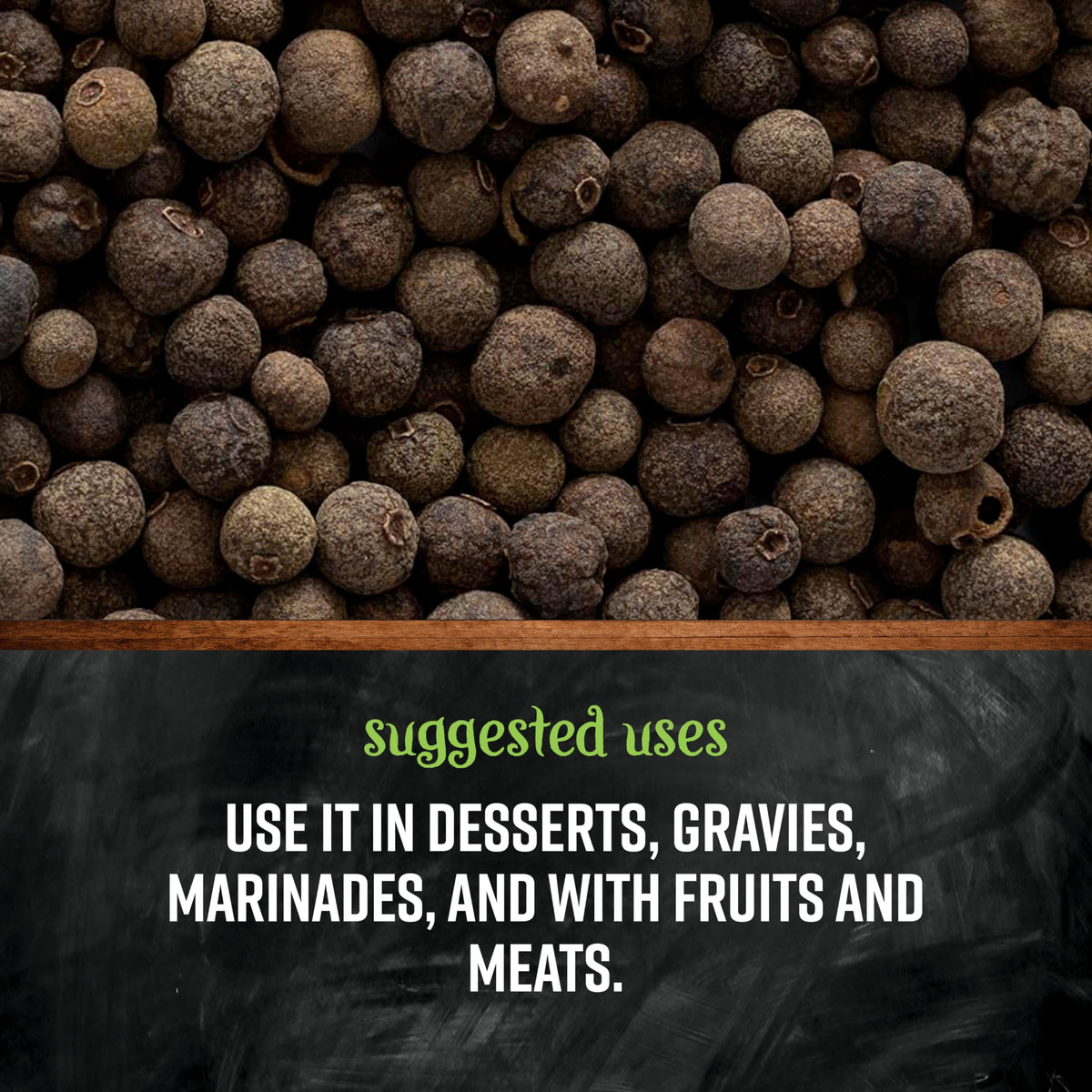 Frontier Co-op allspice dried berries close-up highlights deep warm notes in pies and sauces.
