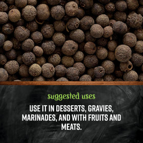 Frontier Co-op allspice dried berries close-up highlights deep warm notes in pies and sauces.