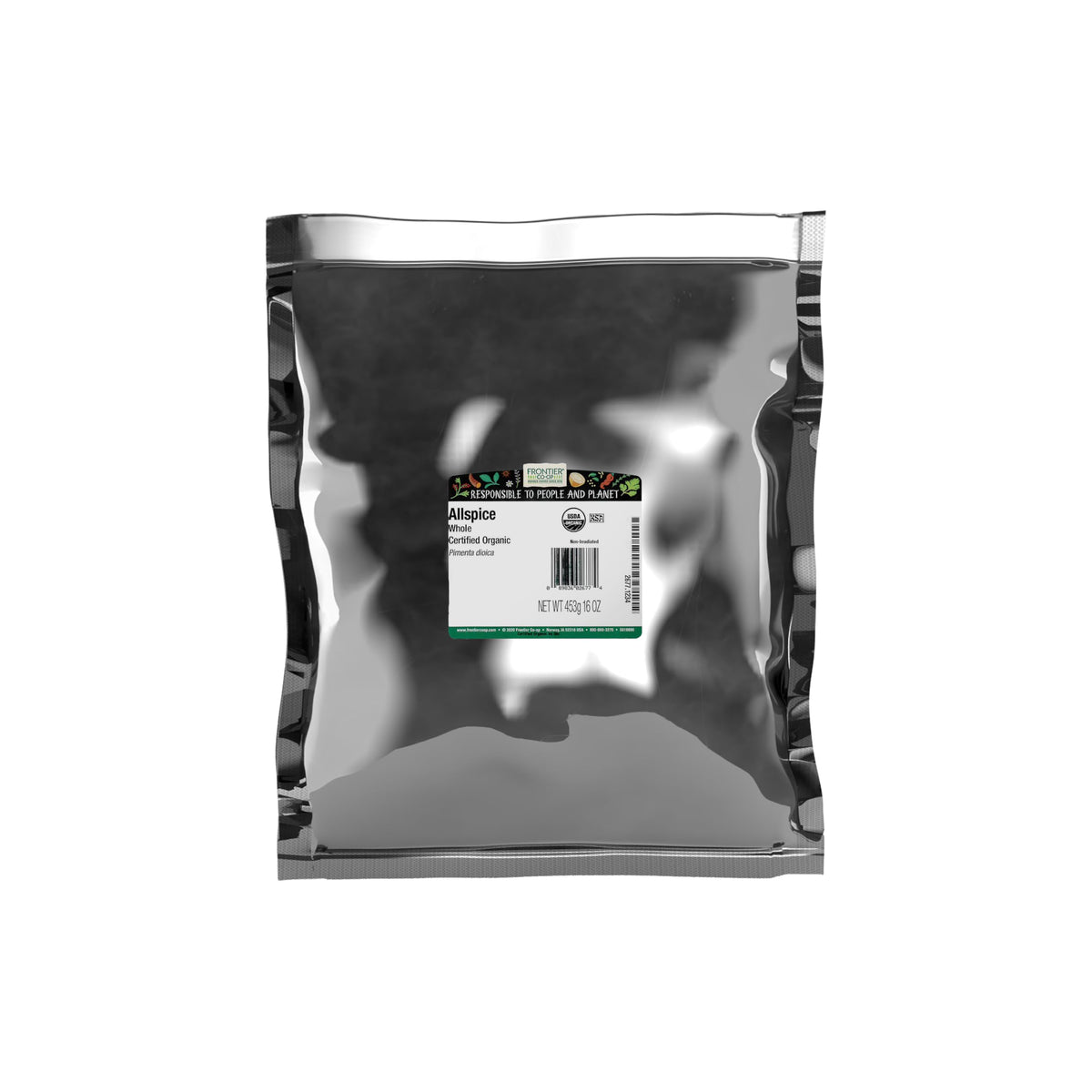 Frontier Co-op allspice whole berries in a resealable bag delivering warm aroma for sweet and savory dishes.