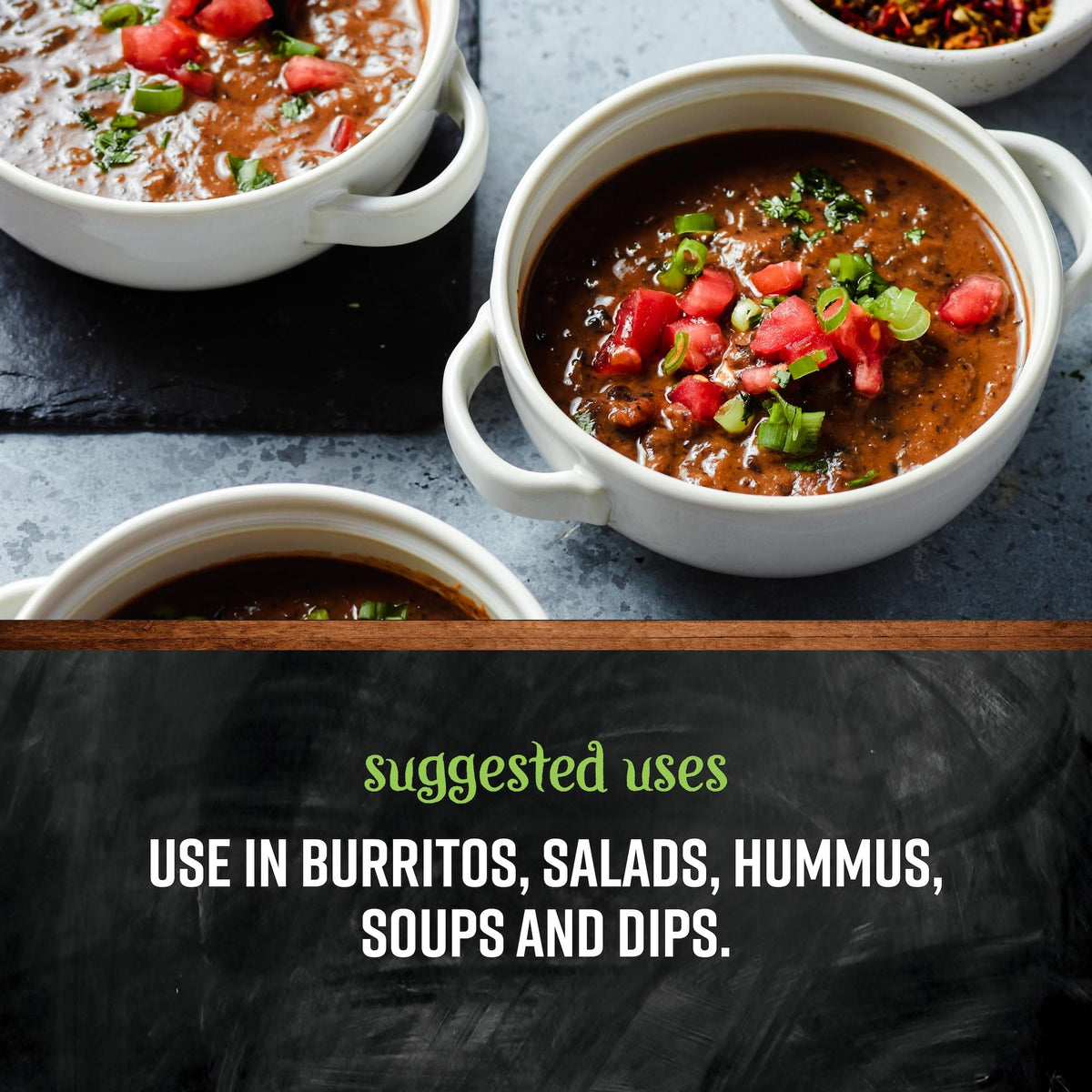 Frontier Co-op Black Bean Flakes sprinkled as a topping for bowls and salads