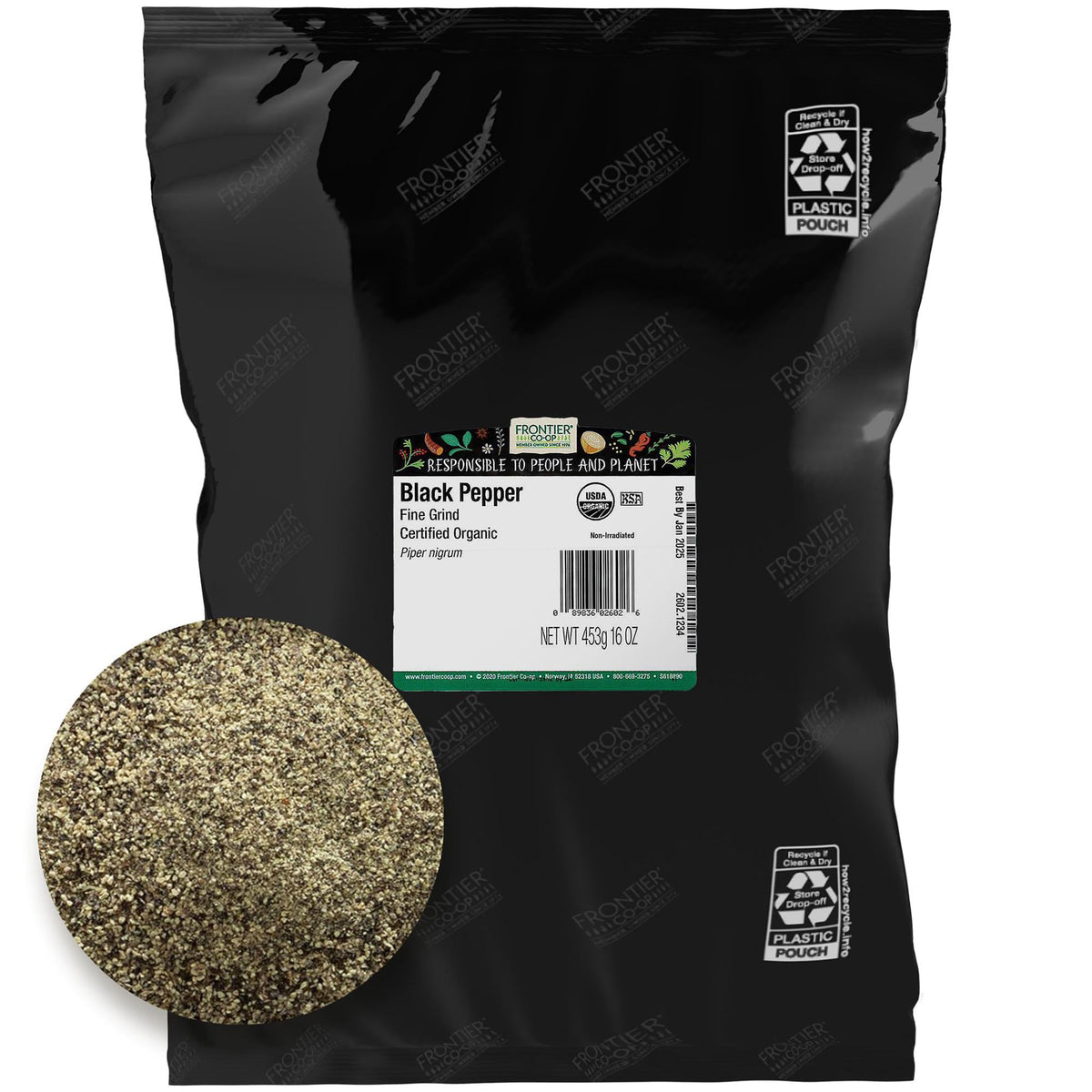 Frontier Co-op Black Pepper fine grind 1lb jar, ideal for soups and sautés with bold heat.