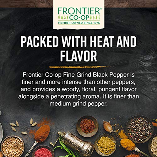 Frontier Co-op Black Pepper fine grind bottle on counter, convenient at-home flavor boost.