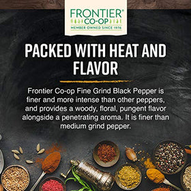 Frontier Co-op Black Pepper fine grind bottle on counter, convenient at-home flavor boost.