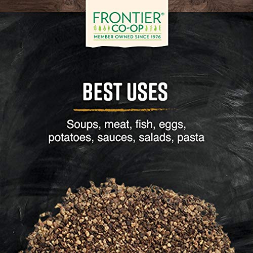Frontier Co-op Black Pepper fine grind pouring spice, easy-to-sprinkle seasoning for quick flavor.