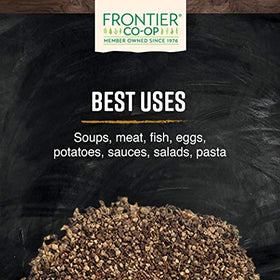 Frontier Co-op Black Pepper fine grind pouring spice, easy-to-sprinkle seasoning for quick flavor.