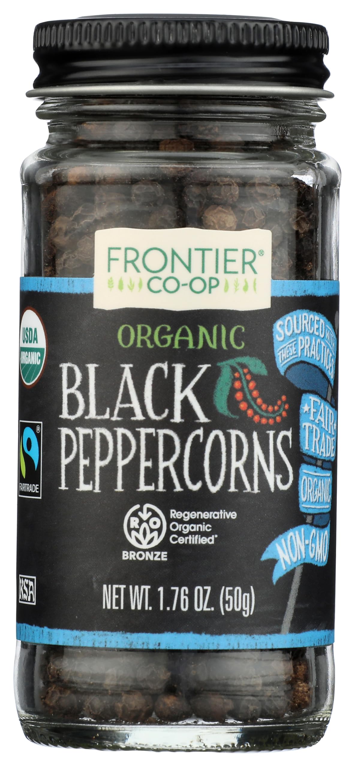 Frontier Co-op black peppercorns jar for fresh-ground flavor in everyday meals.