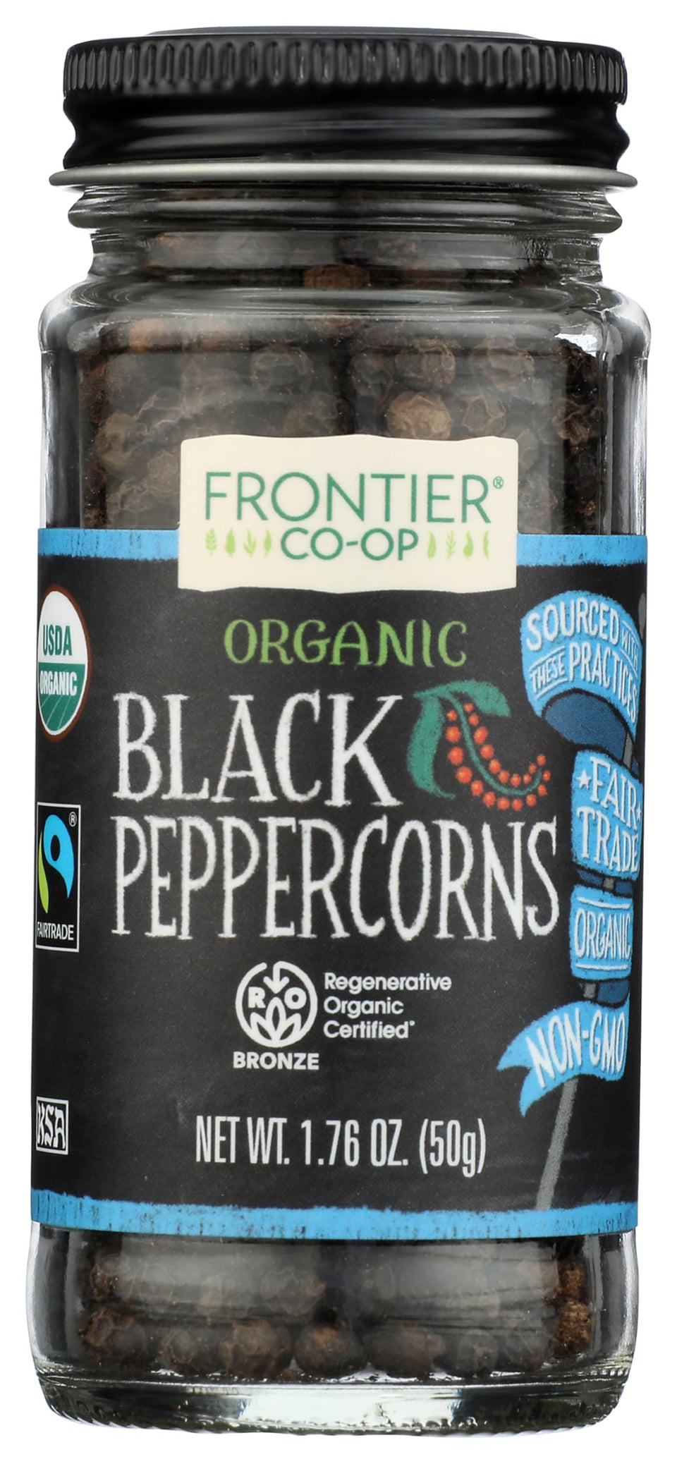 Frontier Co-op black peppercorns jar for fresh-ground flavor in everyday meals.