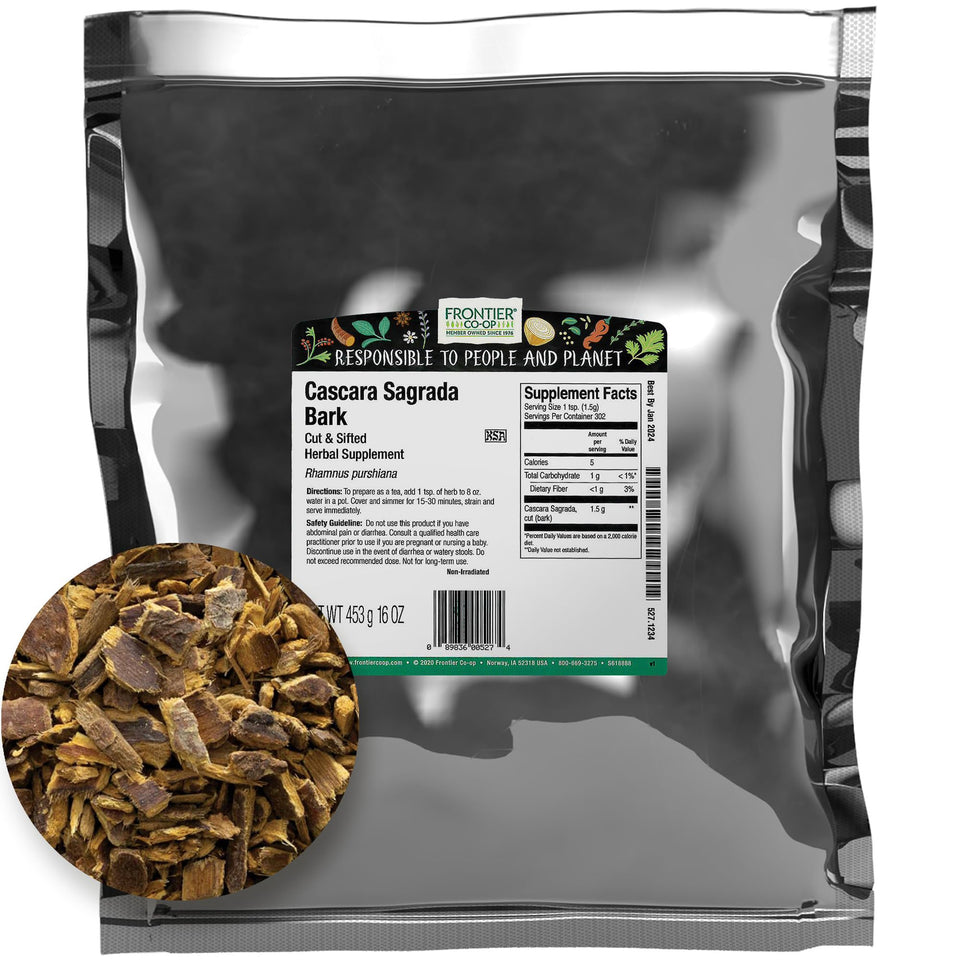 Frontier Co-op Cascara Sagrada Bark 1lb package, aged for richer flavor notes.