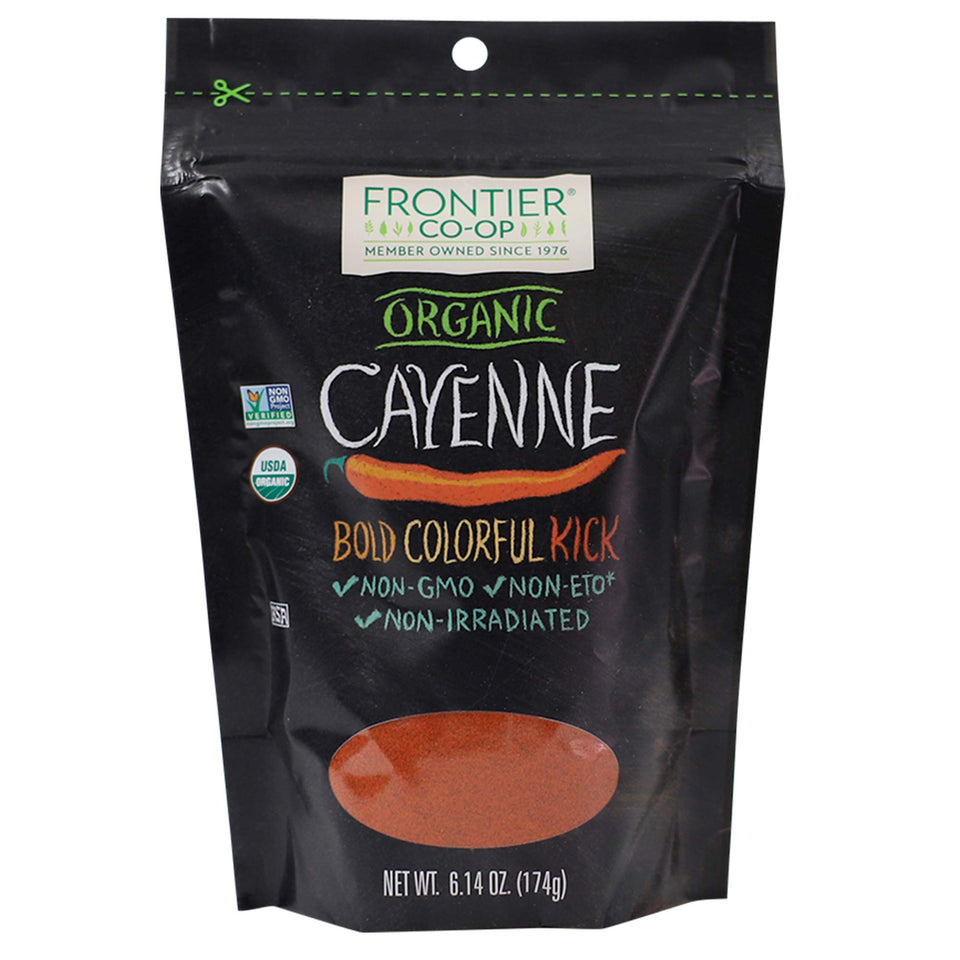 Frontier Co-op cayenne powder in a jar adds heat to dishes.
