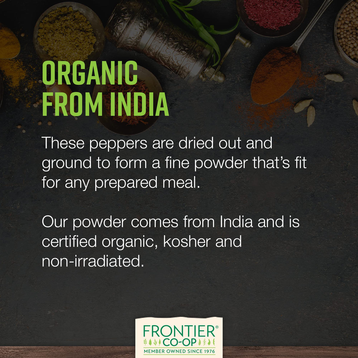 Frontier Co-op cayenne powder label shows origin and organic status.