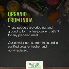Frontier Co-op cayenne powder label shows origin and organic status.